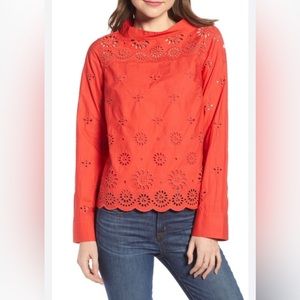 NWT J.Crew Eyelet Funnel Neck Bee Blouse Cotton Red Orange Women’s Size 0